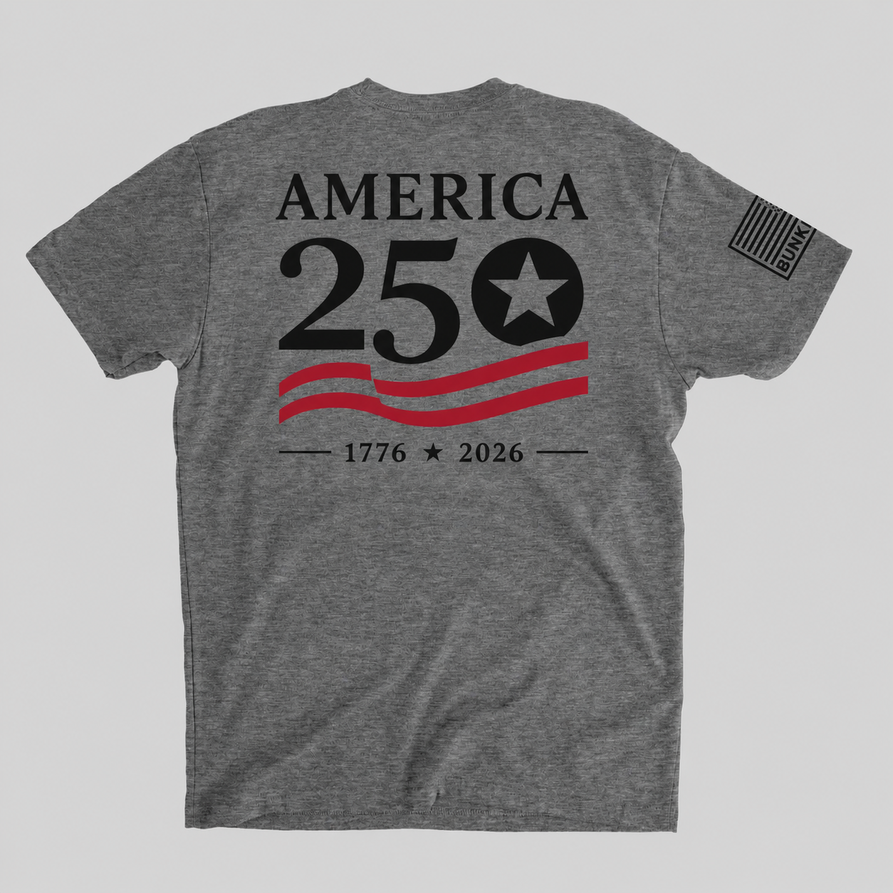 Gray t-shirt with 'America 250' design on a gray background