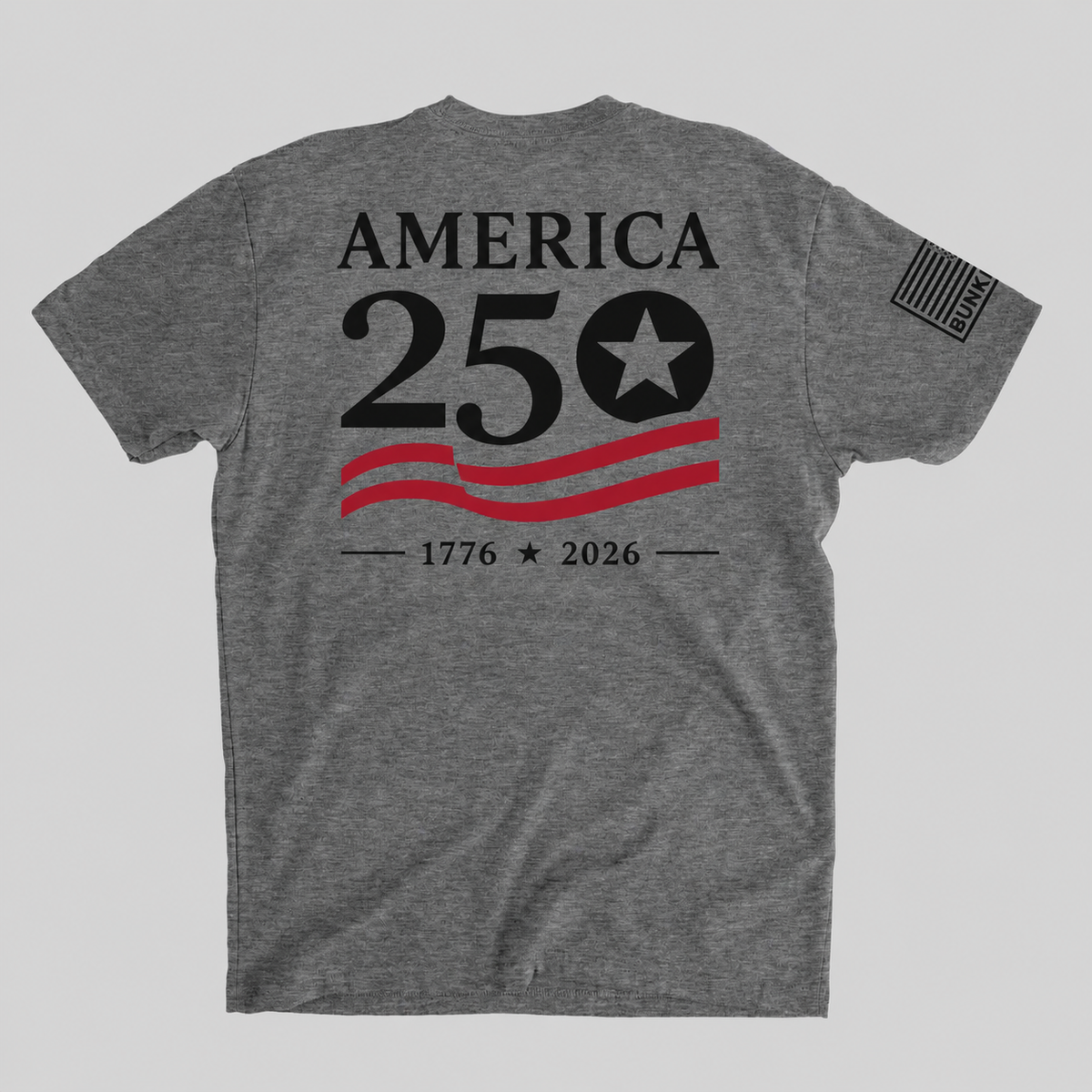 Gray t-shirt with 'America 250' design on a gray background