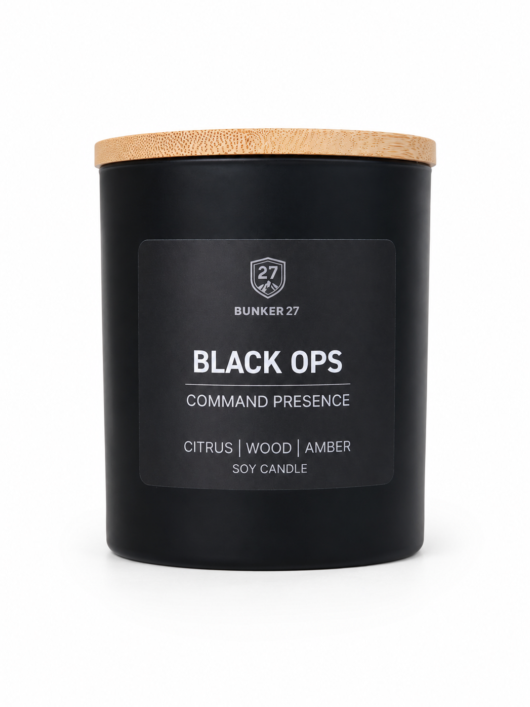 Black candle with a wooden lid labeled 'Bunker 27 Black Ops' on a white background