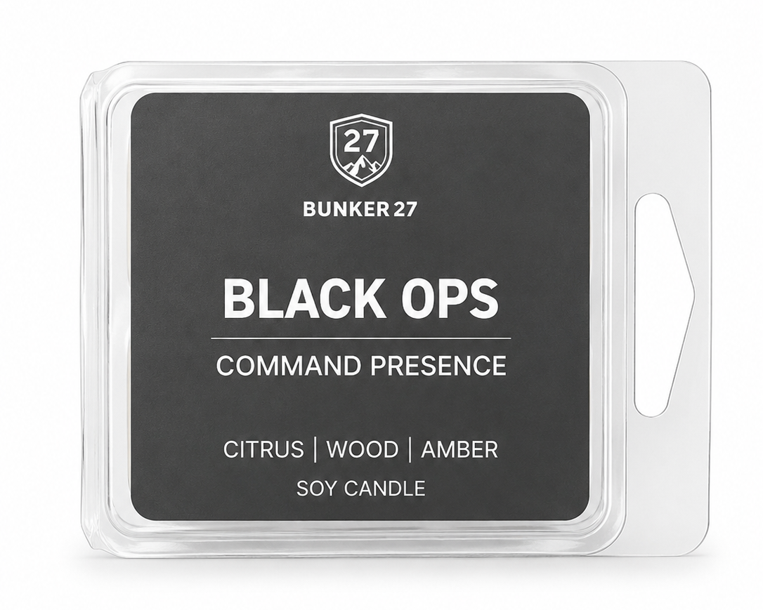 Bunker 27 Black Ops Command Presence soy candle wax melts in a clear plastic clamshell package with a black label and white text.