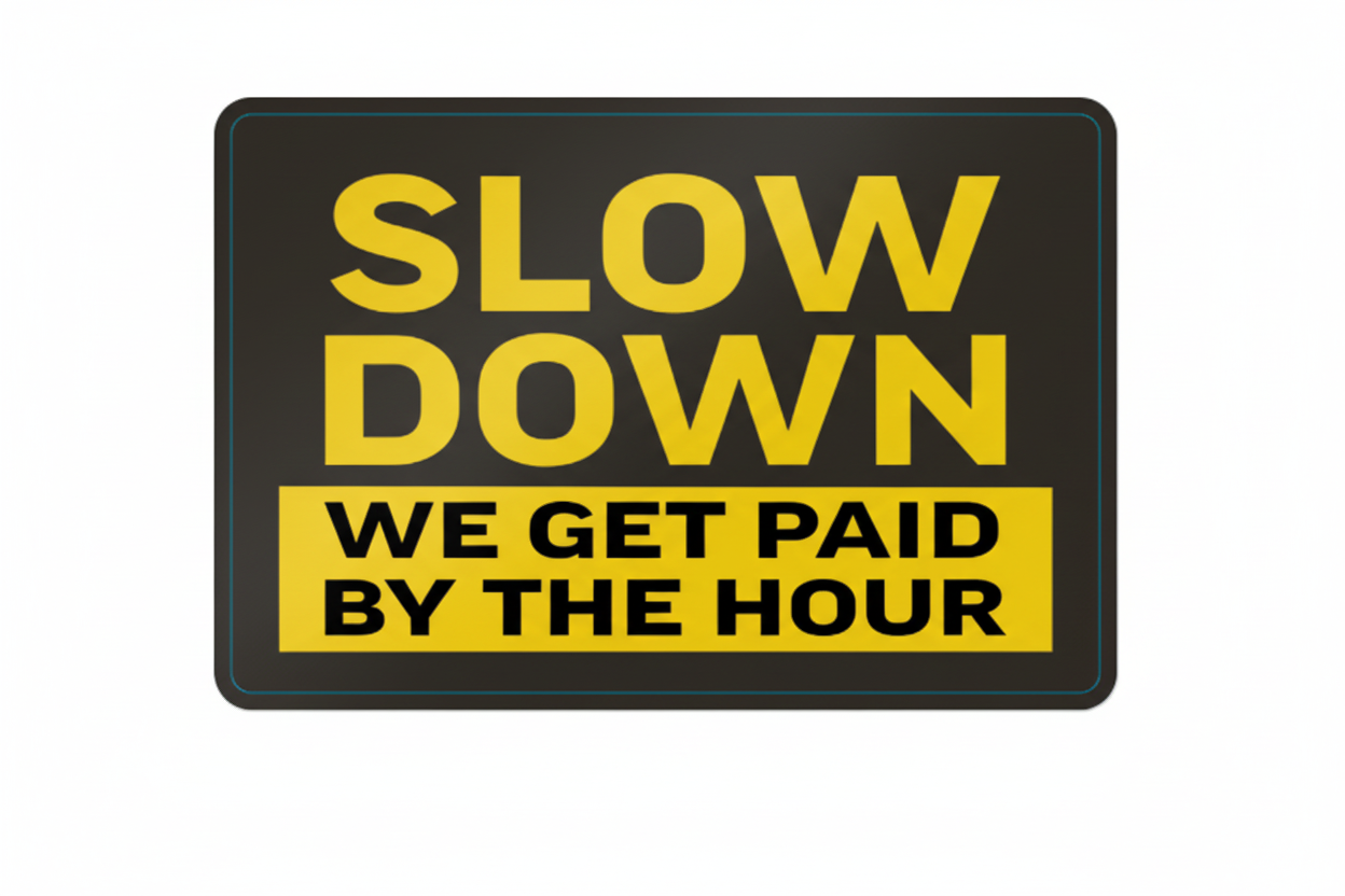 Sign with 'Slow Down We Get Paid by the Hour' text on a black background
