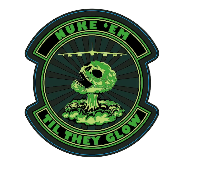Green and black graphic with 'Nuke 'Em Til They Glow' text and an atomic bomb illustration, with dimensions displayed.