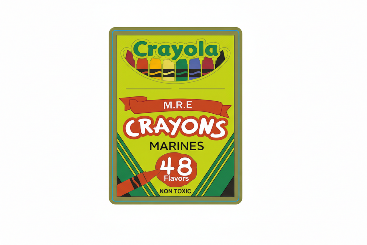 Crayola M.R.E. Crayons Marines packaging with dimensions on a white background