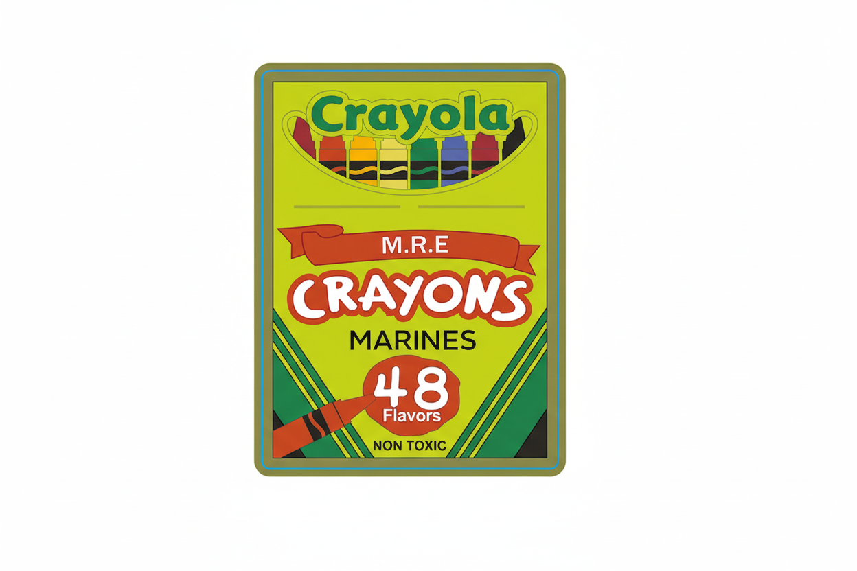 Crayola M.R.E. Crayons Marines packaging with dimensions on a white background