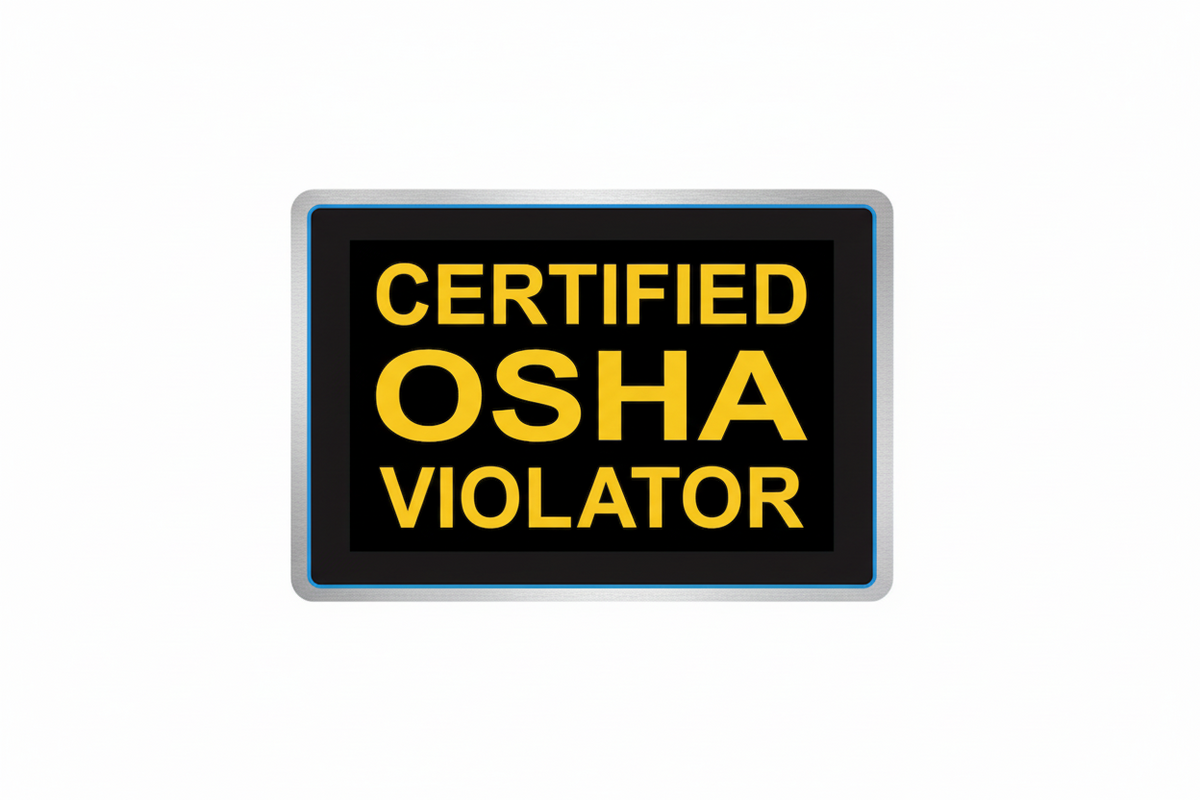 Sign with 'Certified OSHA Violator' text on a black background with dimensions indicated.