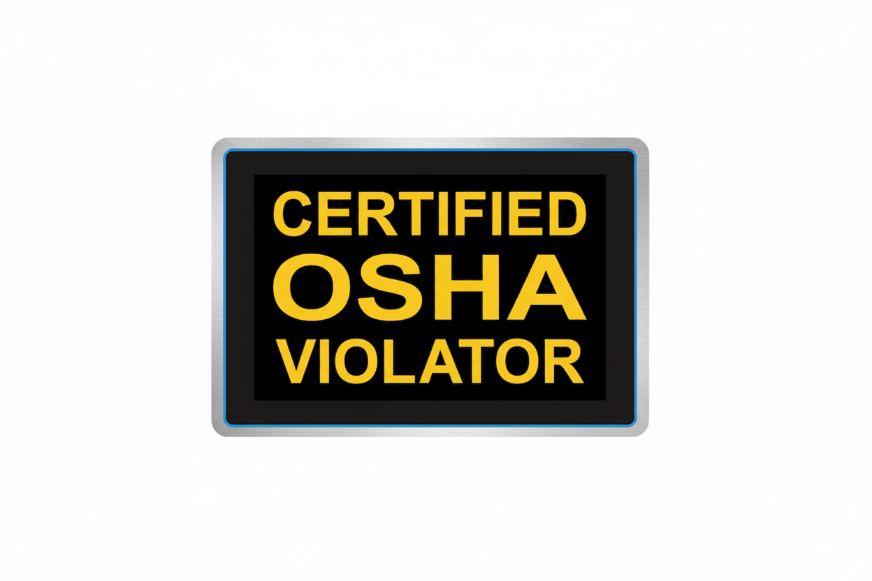 Sign with 'Certified OSHA Violator' text on a black background with dimensions indicated.