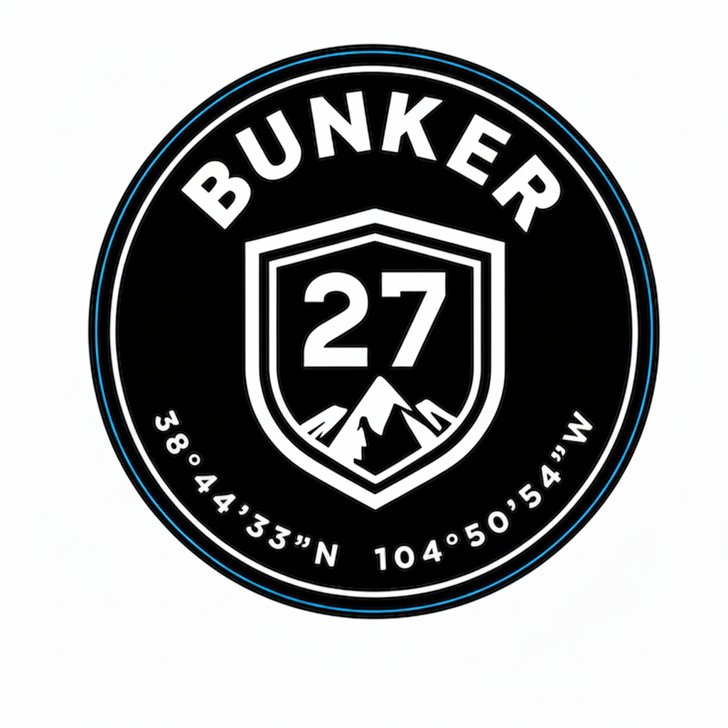 Logo of Bunker 27 with mountain illustration and coordinates, surrounded by measurement text on a white background.