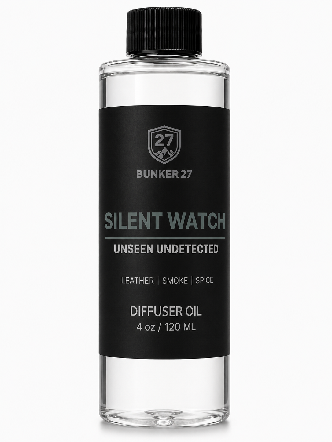 Bottle of Bunker 27 Silent Watch diffuser oil on a white background