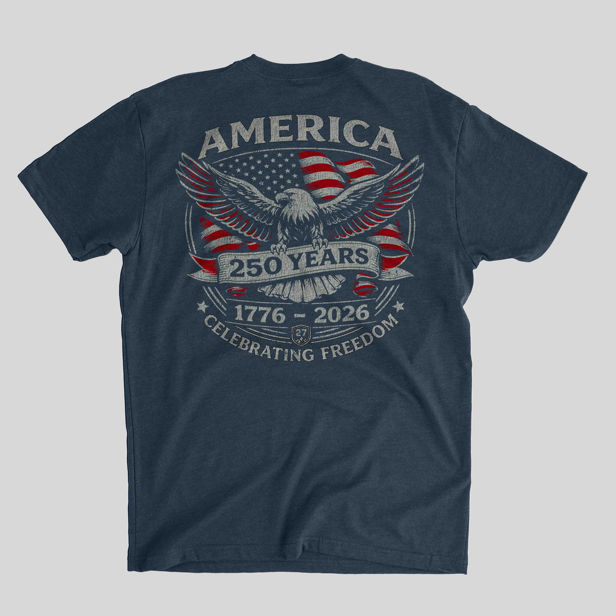 Navy blue t-shirt with American flag and eagle design on a gray background