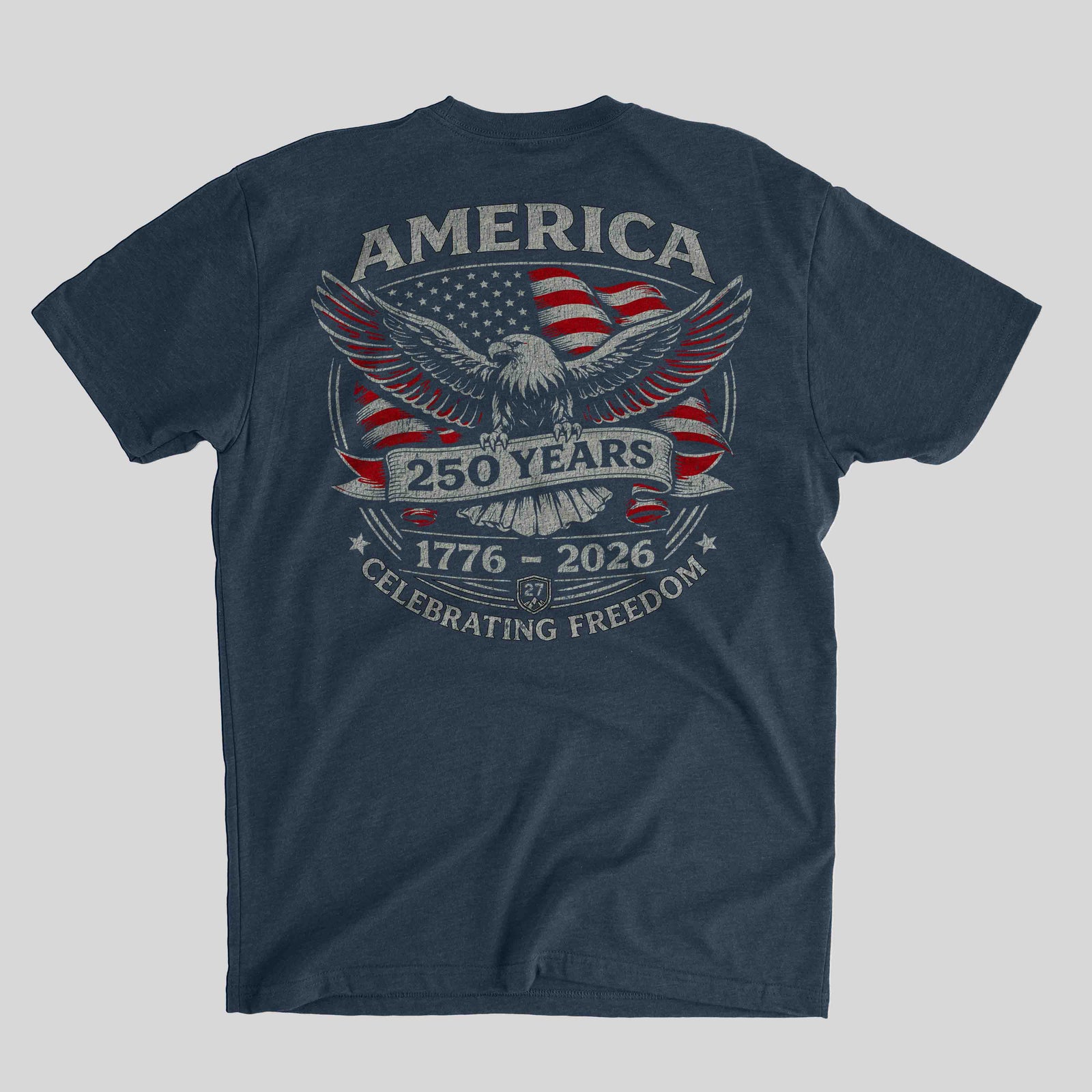 Navy blue t-shirt with American flag and eagle design on a gray background