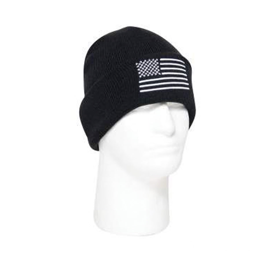 US Flag Embroidered Watch Cap - BLACK