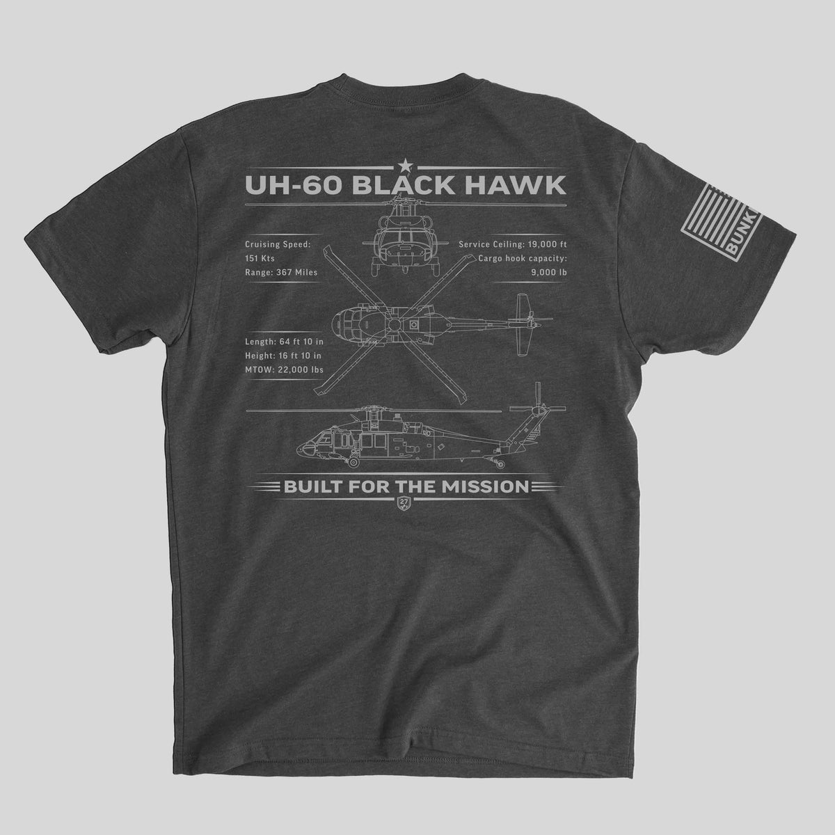 close up UH-60 Black Hawk helicopter graphic print on t-shirt