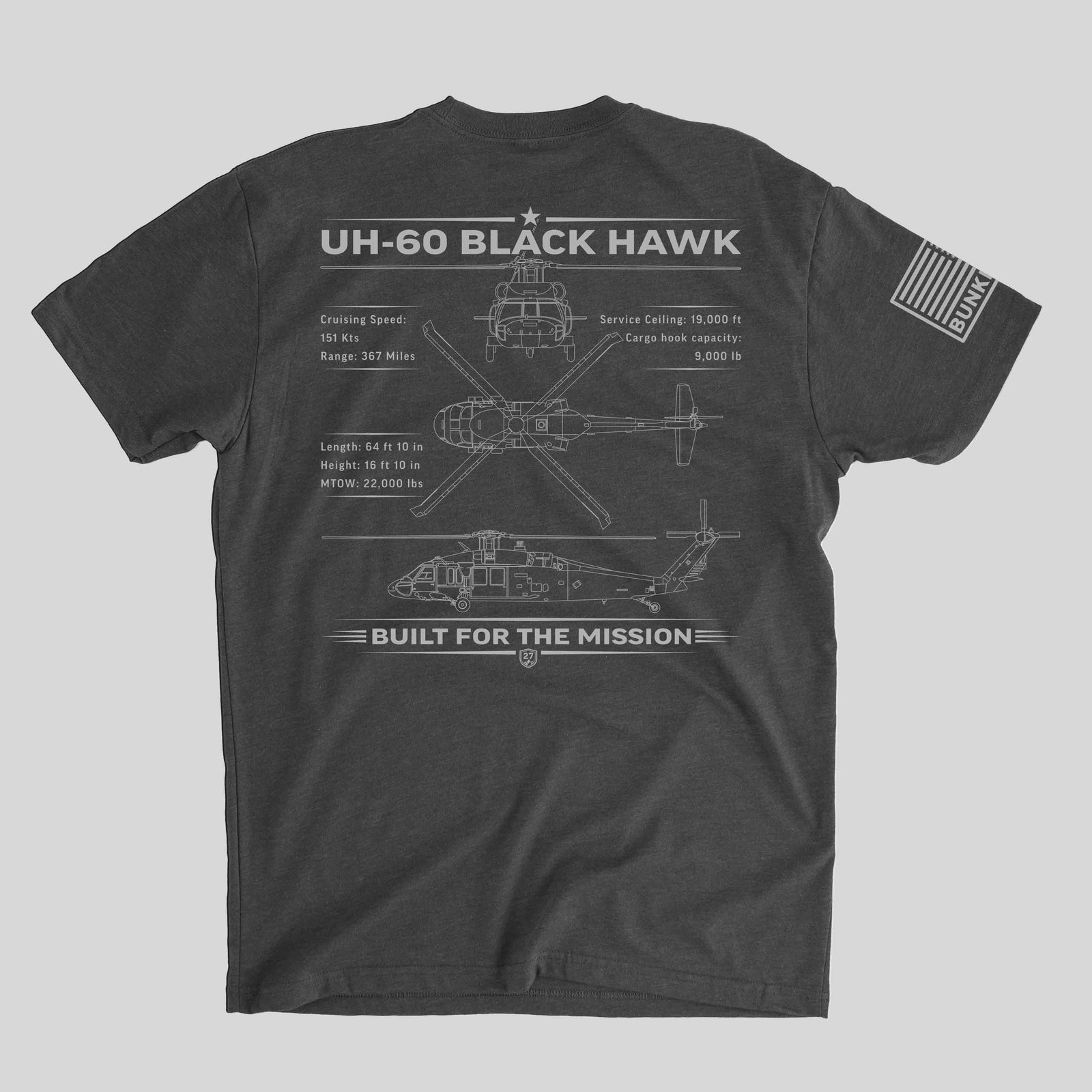 close up UH-60 Black Hawk helicopter graphic print on t-shirt