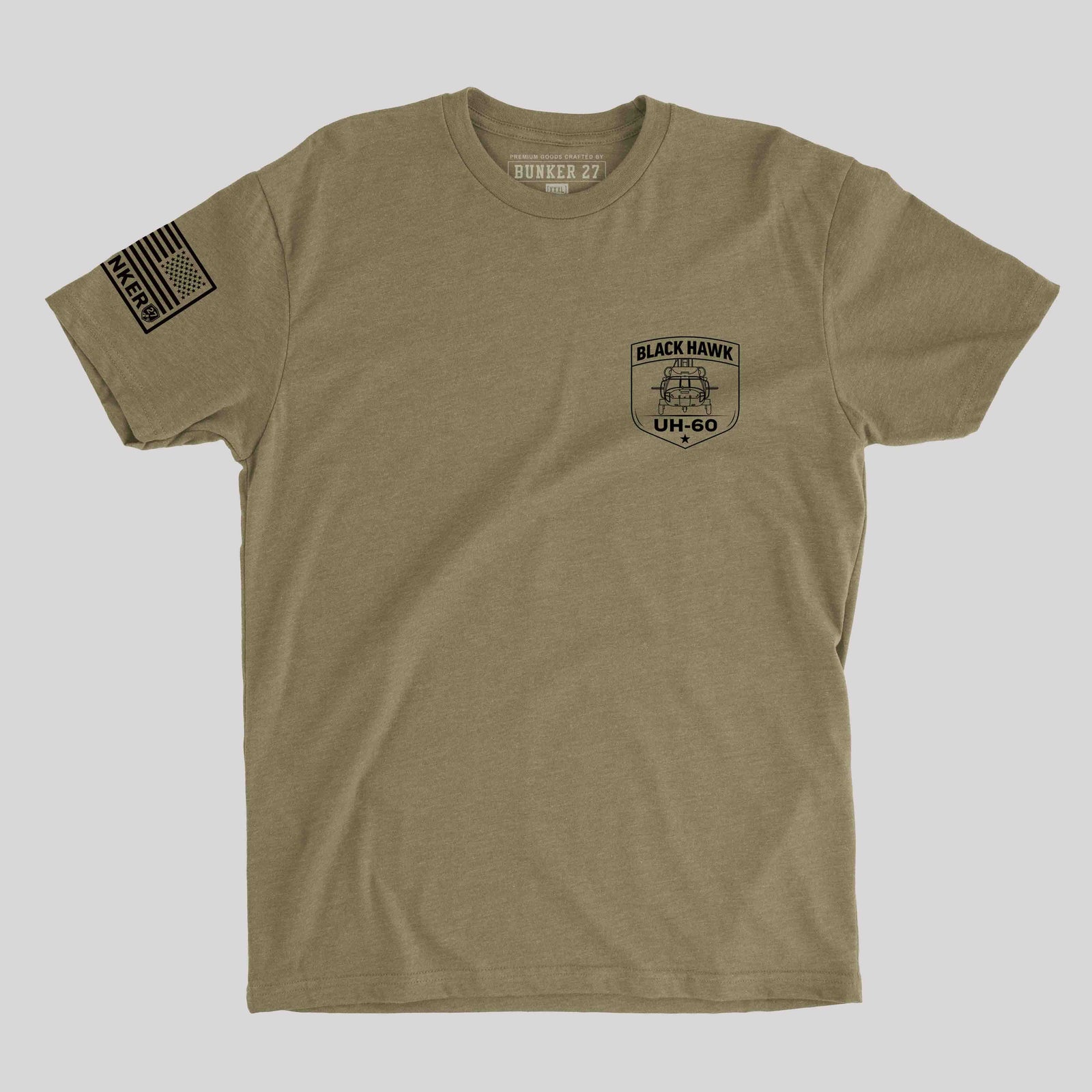 Black Hawk helicopter graphic t-shirt, military aviation apparel