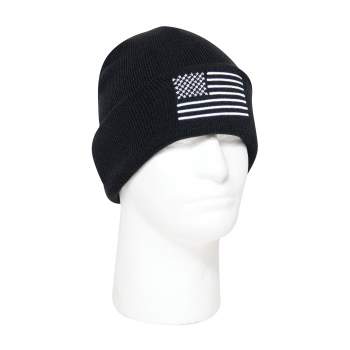 US Flag Embroidered Watch Cap - BLACK