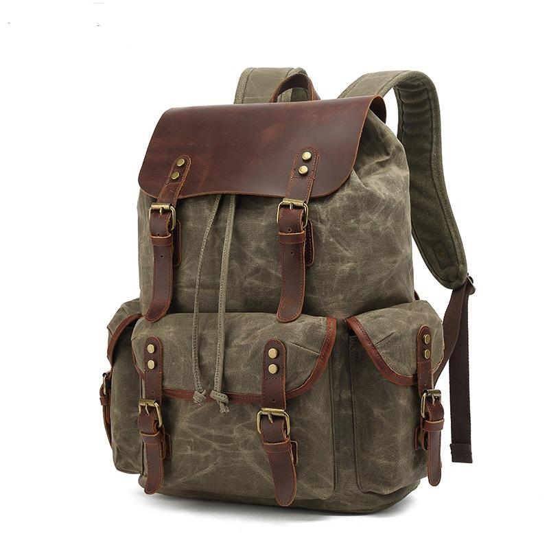 canvas leather backpacks Personalized Travel Backpack, Laptop Rucksack, Unisex Canvas Backpack, Hiking Backpack OliveGreen / No Thick and high density Oil Wax Canvas Bastion Waxed Canvas Field