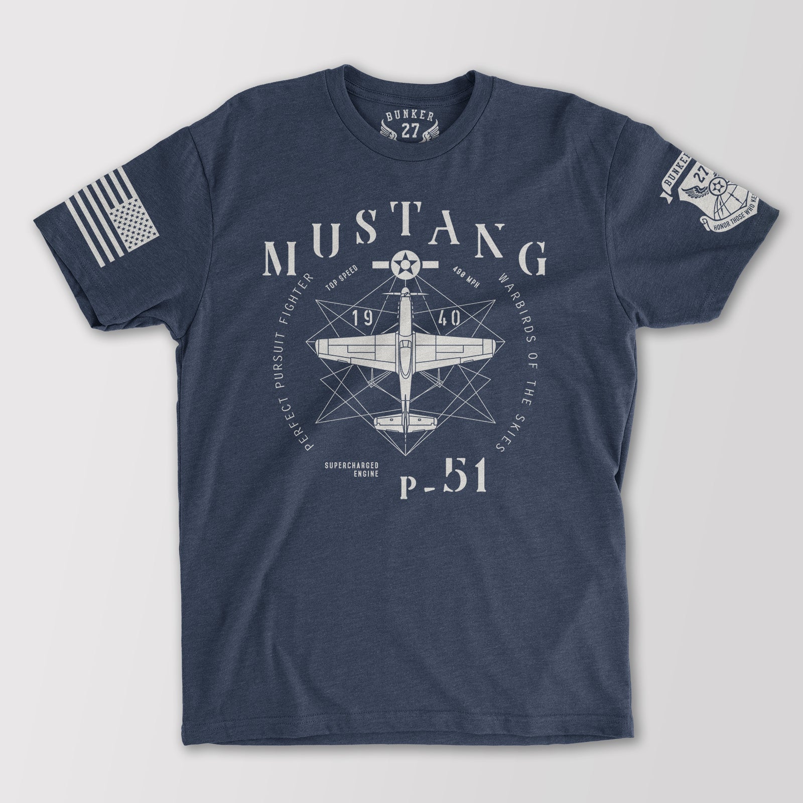 P 51 Mustang T Shirt Made in USA Veteran Owned USAF BUNKER 27